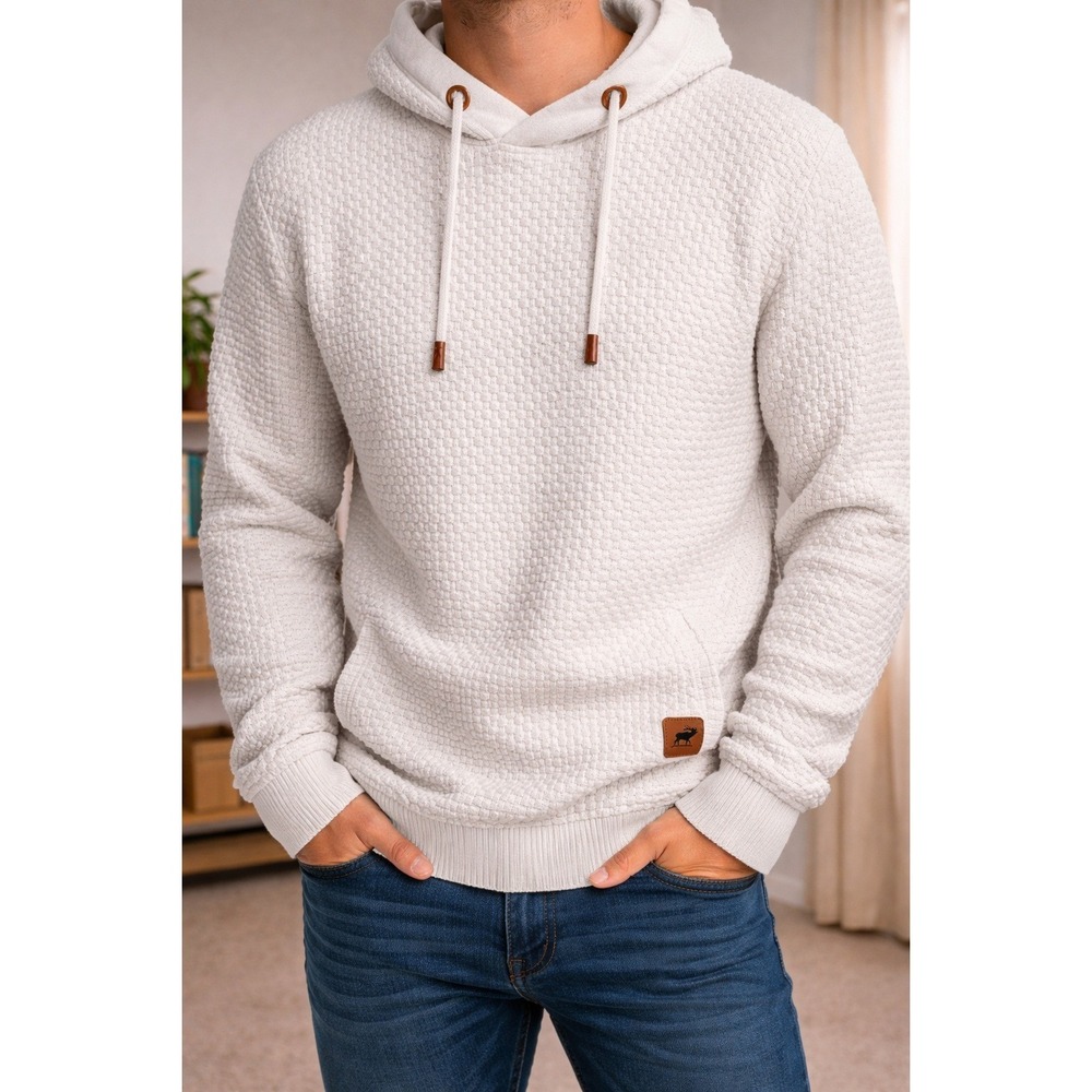 White Textured Popcorn Knit Hoodie Mens Large Stag Patch Pullover Sweater